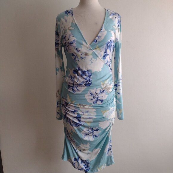 Yumi Kim Floral Maternity 5th Ave Dress L Wanderlust Jade Sky Blue Ruched Midi - Picture 11 of 11